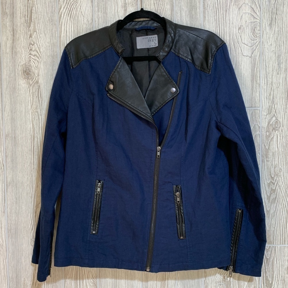 Ruff Hewn Grey Linen Vegan Leather Utility Moto Jacket Navy Blue Black XL